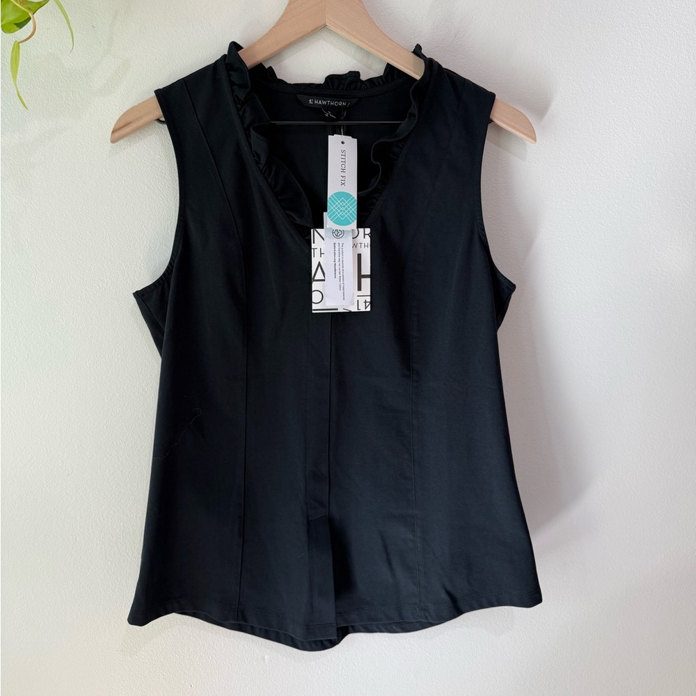 41 Hawthorn Stitch Fix Piper Knit Poplin Ruffle Sleeveless Shirt Black Size M - Picture 3 of 9